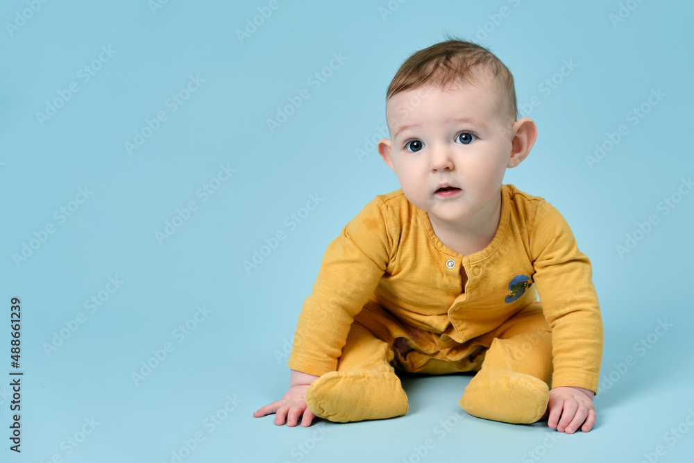 Curious toddler baby sits on studio blue background. Funny child boy at the age of six months with surprise on his face, copy space Curious toddler baby sits on studio blue background. Funny child boy at the age of six months with surprise on his face, copy space