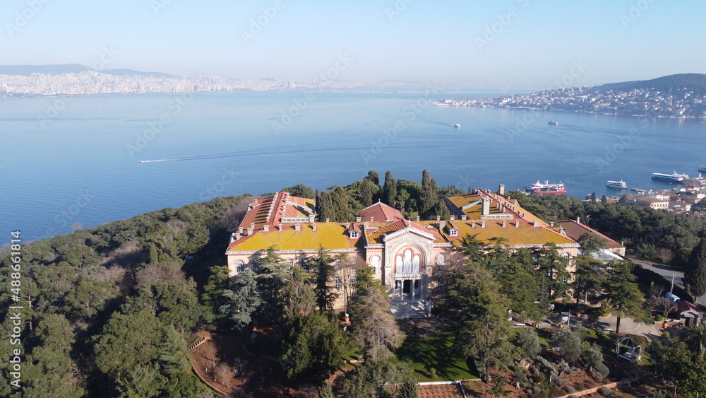 Heybeliada one of the Prince Islands in the Sea of Marmara shot from the air. In the background the Istanbul districts of Kartal, Pendik and Tuzla as well as Büyükada, in the foreground the monastery 