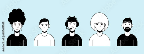 Stylish set of flat black and white avatars of people to represent in social networks, avatars of different people, nationalities and age, avatars as icons isolated on blue background. Vector graphics
