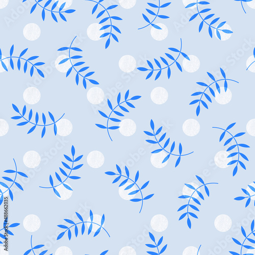 Seamless pattern with dots and blue leaves