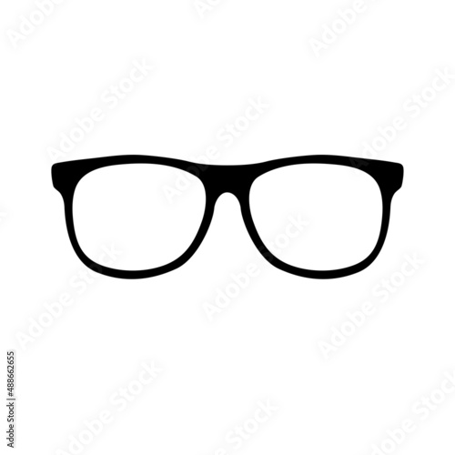 Silhouette of sunglasses isolated on white background, flat icon in black. Drawing of sunglasses for illustration in graphic design. Vector graphics