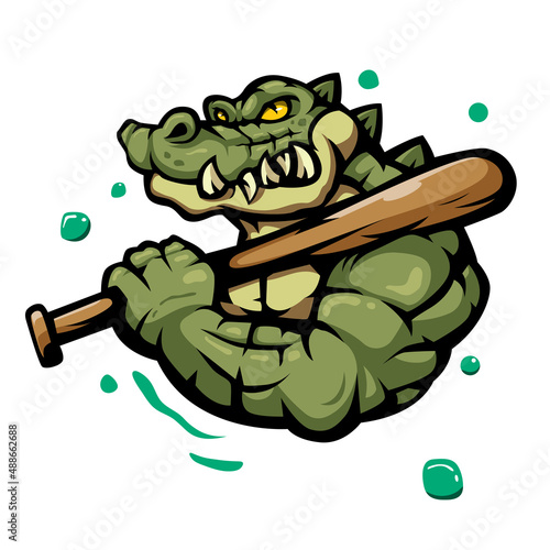 Illustration of crocodile carrying a baseball bat, mascot for sports team