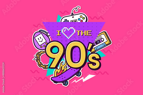 I love the 90s vector illustration. Colorful badge with lettering and items in the style of the nineties. Nostalgic background. Event or party invitation design. ideal for promo, t-shirt print, etc. photo