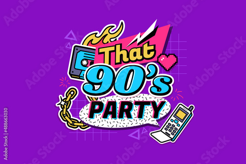 90s party banner design. Colorful badge with lettering and items in the style of the nineties. Retro disco invitation concept. Vector illustration.