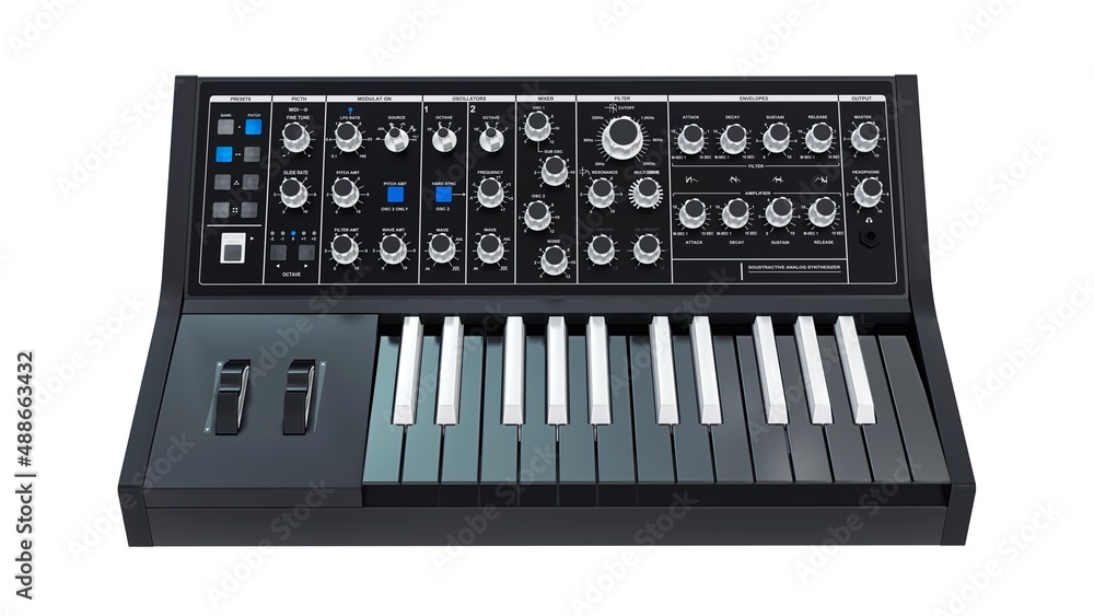 Black analog synthesizer 3D illustration