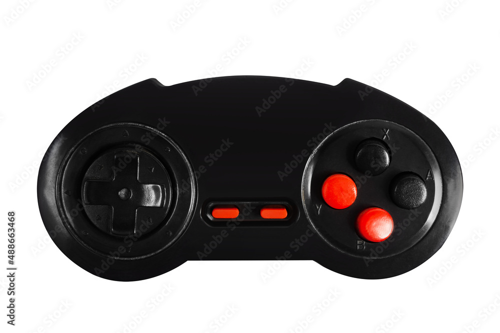 Isolated photo of gaming 8 bit plastic controller joystick with red buttons on white background. Isolated photo of gaming 8 bit plastic controller joystick with red buttons on white background.