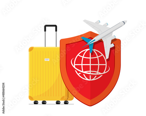 Travel insurance banner concept. Yellow traveling luggage suitcase and airplane trip protect by red shield with world globe. Plane flight safety symbol. Aircraft journey risk protection. Vector eps