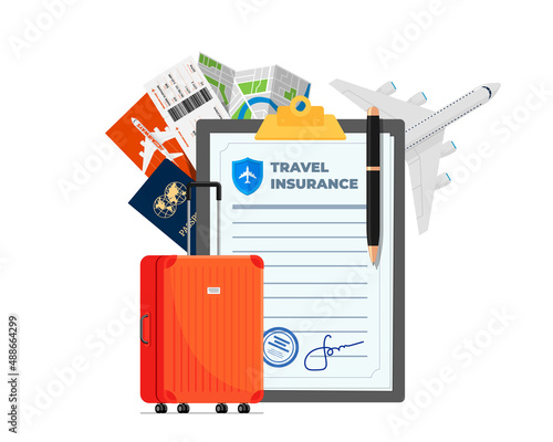 Travel insurance policy with passport, flight ticket, plane and red traveling suitcase. Safe plane trip and signed contract protection tourist life and property. Safety journey aircraft document. Eps