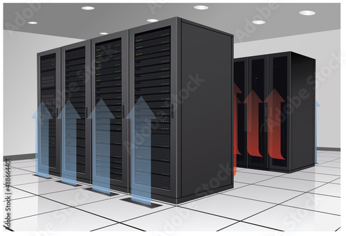 A data center showing cold and warm airflow