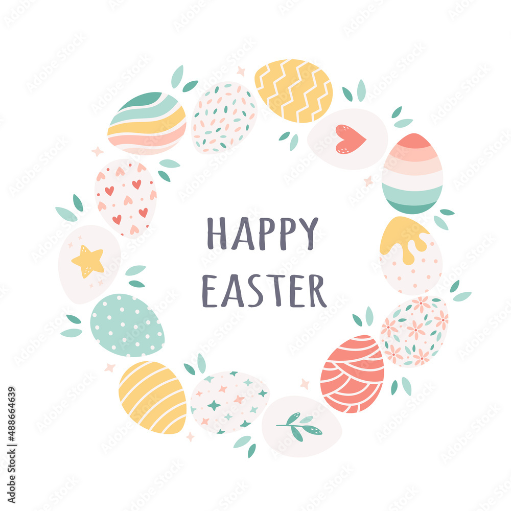 Happy Easter greeting card with painted Easter eggs. Hand drawn vector illustration