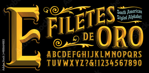 Filetes De Oro is Spanish for Fillets Of Gold. This vector alphabet is designed in the style of South American Fileteado, common in many countries, especially Argentina and Peru.