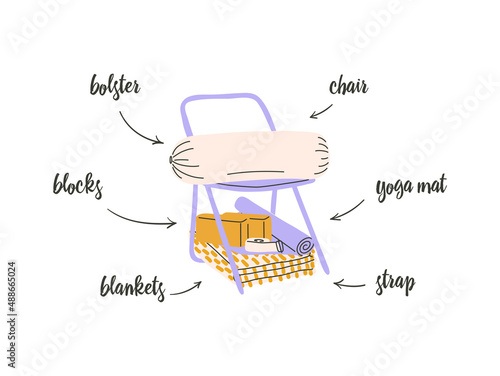 Yoga props hand drawn style illustration. Yoga stuff: chair, blocks, bolster, blanket, yoga mat, incense stick, eye pillow, strap.