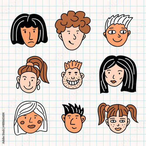 Doodle set people face. Vector hand drawn icons of human heads