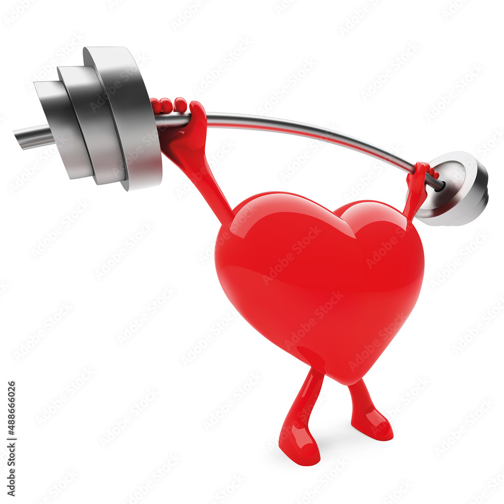 3d red heart vector illustration. Heart shaped mascot lifting weight. 3d red heart vector illustration. Heart shaped mascot lifting weight.
