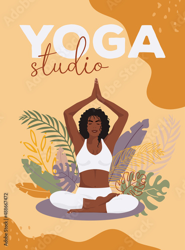 African american woman meditating in lotus position with tropic leafs on background in faceless style for posters, websites. Concept for yoga meditation healthy lifestyle relax and sports activities © Nataliia Proskurniak