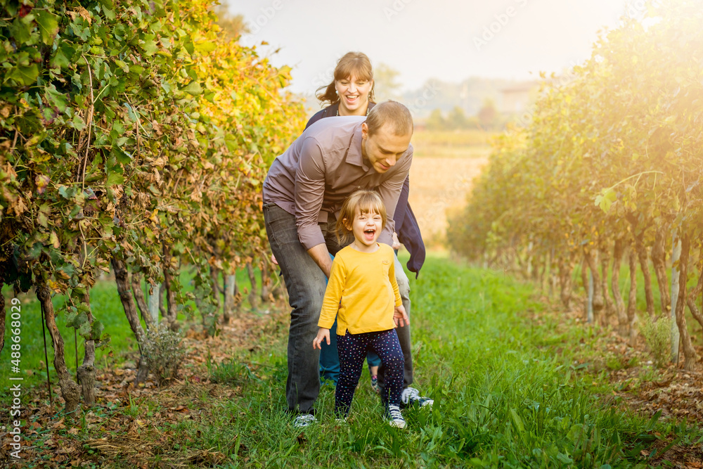 Beautiful young smiling family of three having fun, joking and walking together at a vineyard