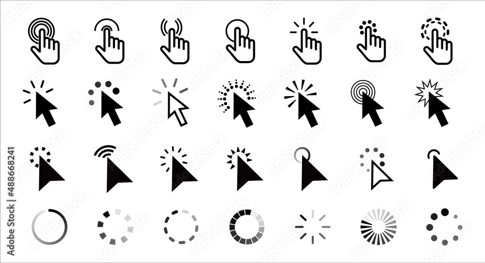 Cursor set icon. Mouse click cursor. Cursor and loading icons collection. Vector illustration.