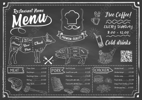Restaurant Food Menu Design with Chalkboard Background. Vector.