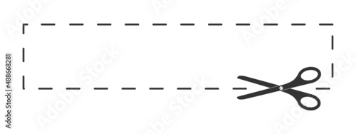 Scissors cutting dotted lined rectangle shape. Cut here symbol for paper discount coupon, voucher, promo code isolated on white background. Graphic vector illustration