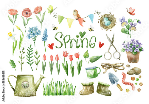 Large watercolor set. Spring flowers and herbs, garden tools, watering can, galoshes, insects, nest, eggs. Elements for creating backgrounds and textures.