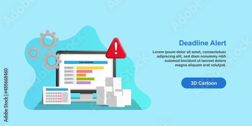 Project progress alert notification reminder, task management and organizer concept. Desk table with desktop PC full with document paper and calendar.