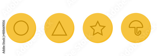 Sugar lollipops from the squid game. Symbol design from korean game in round shape. Circle, triangle, star and umbrella candy vector