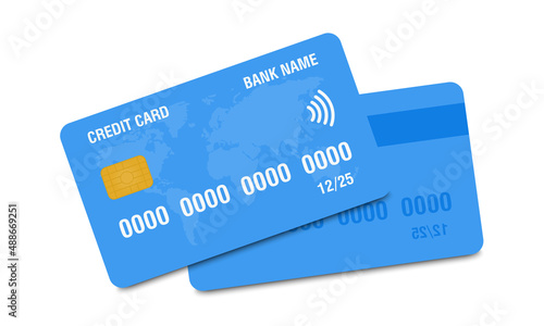 Credit card icon front and back. Realistic blue credit card with world map on white background. Vector