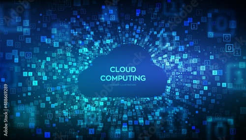 Cloud technology background. Cloud computing. Cloud storage internet concept. Abstract futuristic cyberspace. Binary data flow tunnel. Big data. Digital code with digits 1.0. Vector Illustration.
