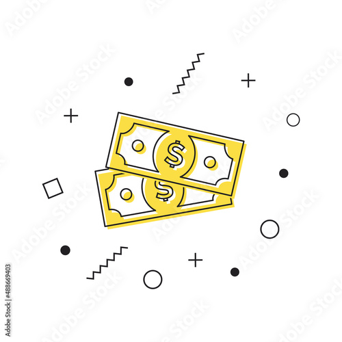 Dollar bills icon vector. Yellow dollar icon with geometric shapes on white background. Money icon. Vector