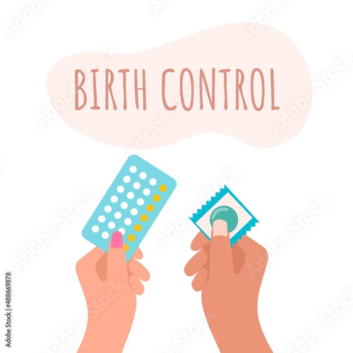 Vector illustration of a woman's hand holding a contraceptive pill and a man's hand holding a condom. birth control concept.