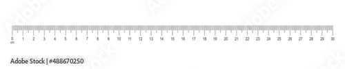 Horizontal scale of ruler with 30 centimeters markup and numbers. Distance, height or length measurement math or sewing tool template. Vector outline illustration