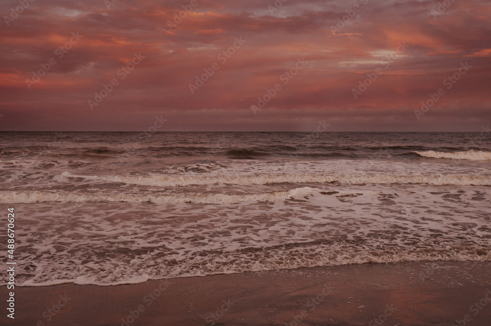 Pink Sunset on Beach with Waves