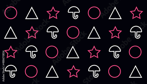 Squid Game pattern. Pink and white circle, triangle, star and umbrella shapes on black background. Vector