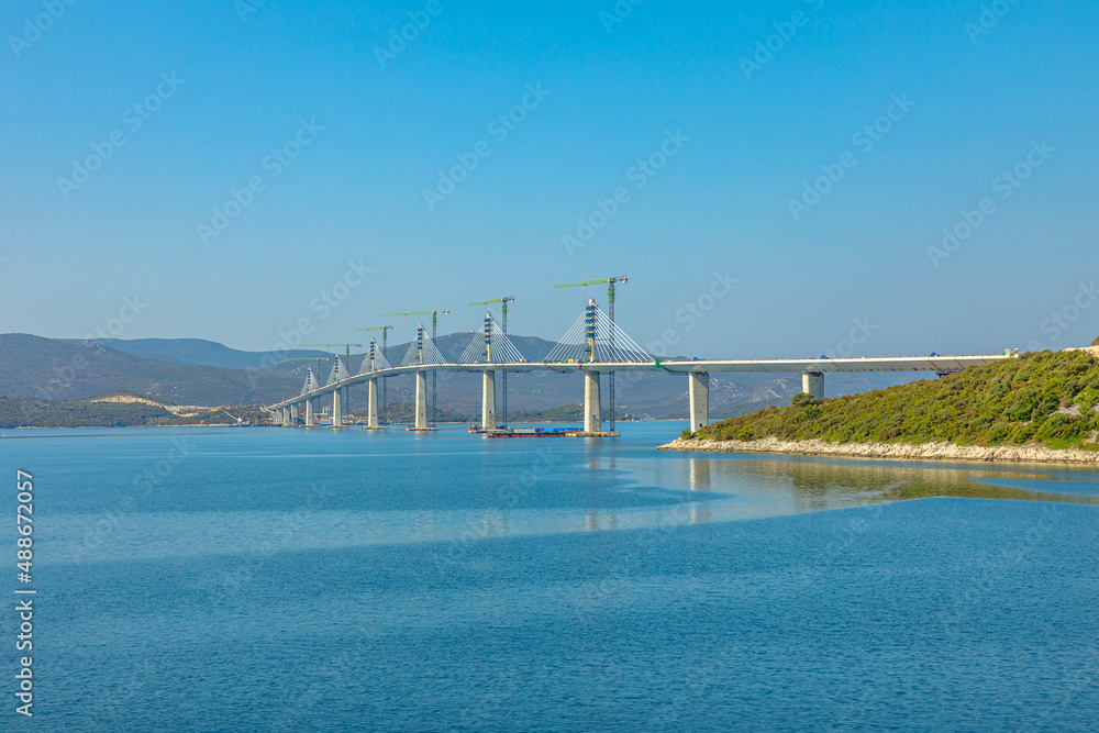 Peljesac Bridge of Croatia in construction site. Connecting the southeastern Croatian exclave to rest of the Croatia bypassing Bosnia and Herzegovina. Under construction from July 2018 to June 2022.