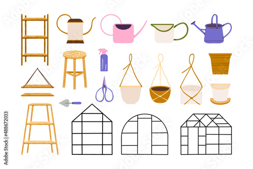Home garden, watering can, wooden shelf, hanging pots, greenhouse, gardener essentials illustration