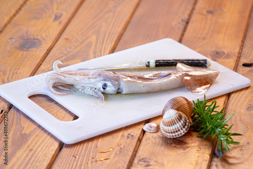 Raw squid on a plate and wooden tabel with lemon and rosemary