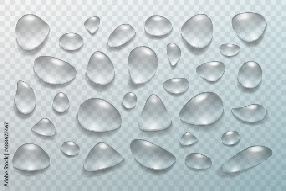 Water drops set different shapes on transparent background. Realistic vector with glass sphere, raindrop, condensation. Design for poster, banner, concept