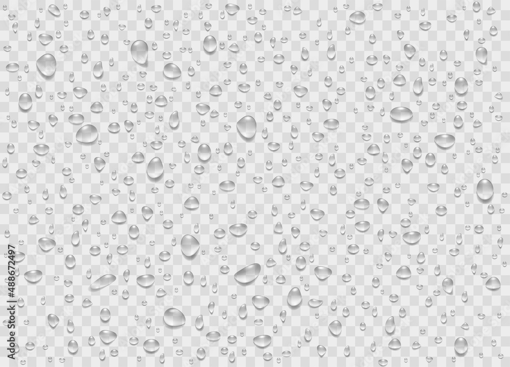 Set water rain drops, pure droplets condensed on transparent background. Realistic vector illustration bubbles on window glass. Design for poster, banner, concept