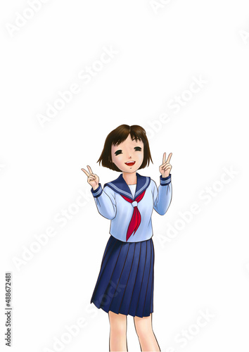 High school girl who showing V sign