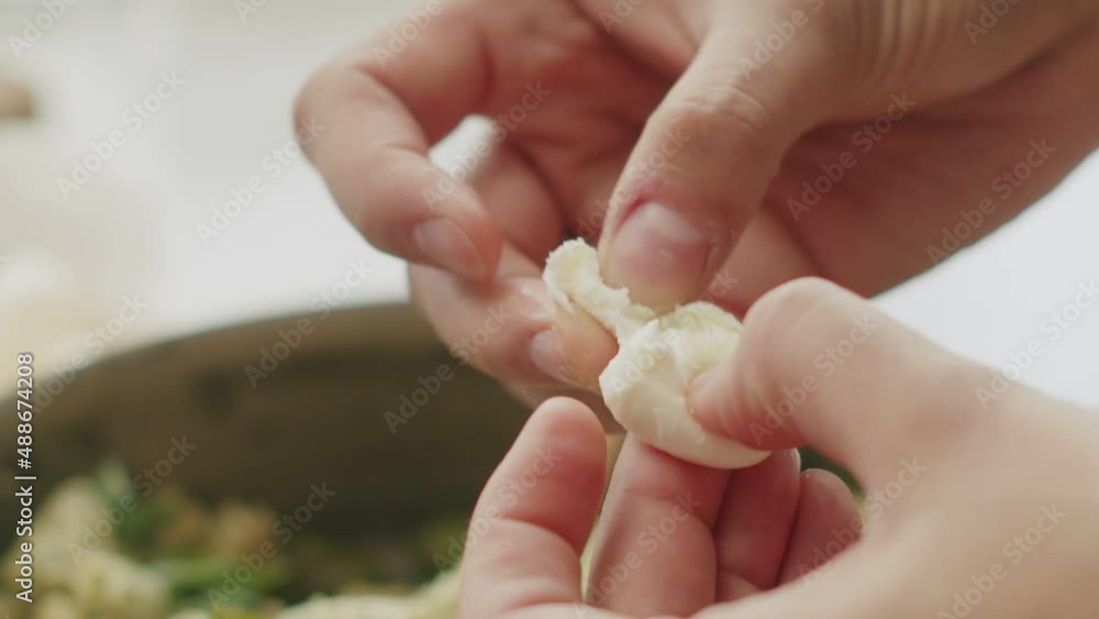 Crop woman adding mozzarella balls to pasta Crop woman adding mozzarella balls to pasta