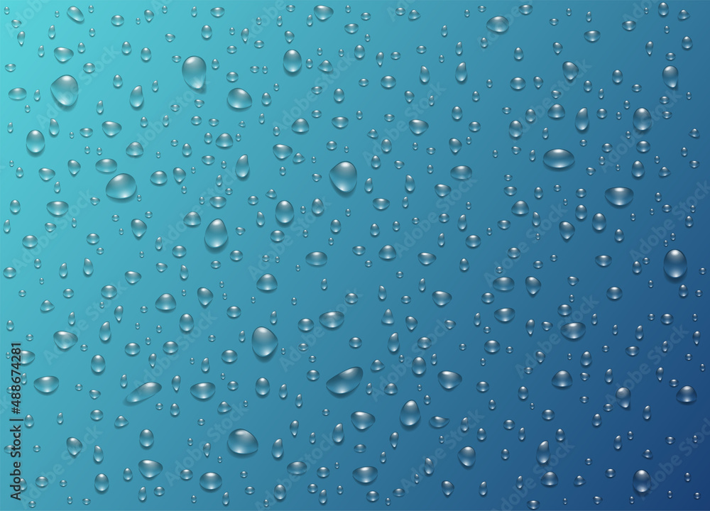 Set water rain drops, pure droplets condensed on blue background. Realistic vector illustration bubbles on window glass. Design for poster, banner, concept Set water rain drops, pure droplets condensed on blue background. Realistic vector illustration bubbles on window glass. Design for poster, banner, concept