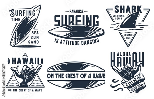 Surf board for summer surfing on the waves collection. Shaka hawaii and shark emblems