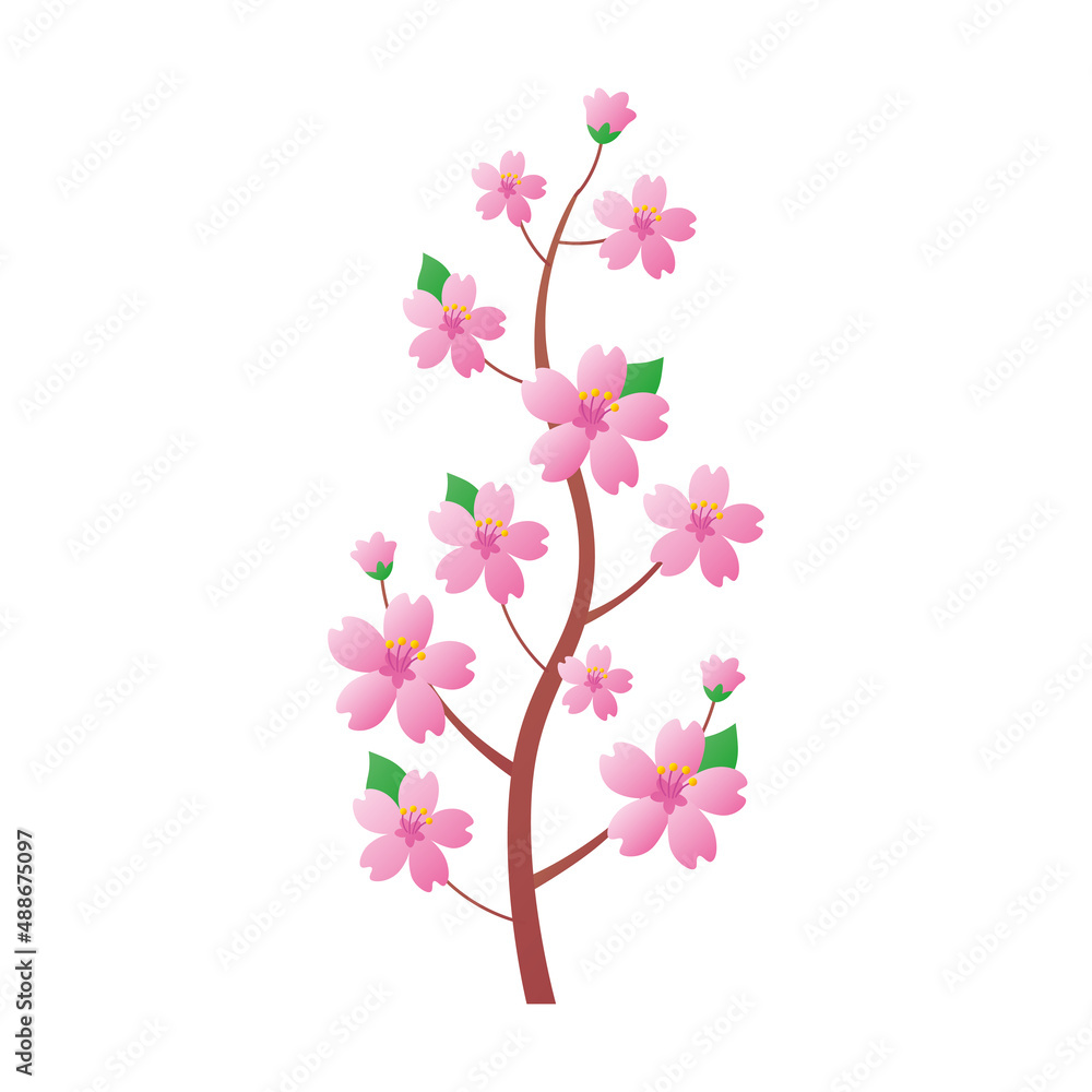 Beautiful small spring sakura cherry tree branch with blooming flowers isolated flat vector illustration