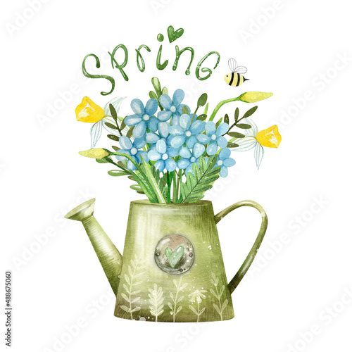 Garden watering can with flowers and herbs. Watercolor illustration for postcards, posters, T-shirts.