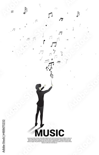 Vector silhouette of conductor standing with flying music note . Concept background for orchestra concert and recreation.