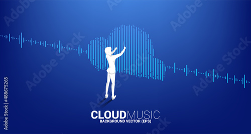 Vector silhouette of conductor standing with Cloud music and sound technology concept .equalizer wave as cloud shape