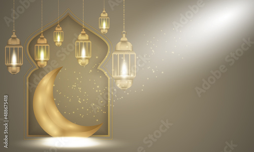 Islamic greeting ramadan kareem, eid mobarok card design with beautiful crescent moon, lantern and flawless light effect premium vector.