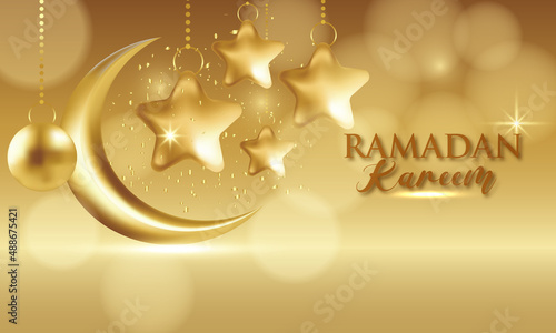 Islamic greeting ramadan kareem card design with beautiful crescent moon, star, circle and bokeh background premium vector.