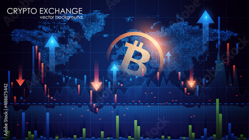 Bitcoin symbol on dark blue background. Abstract vector image. Exchange trading charts. Digital electronic currency. Cryptocurrency. Online banking. The contours of the planet Earth.

