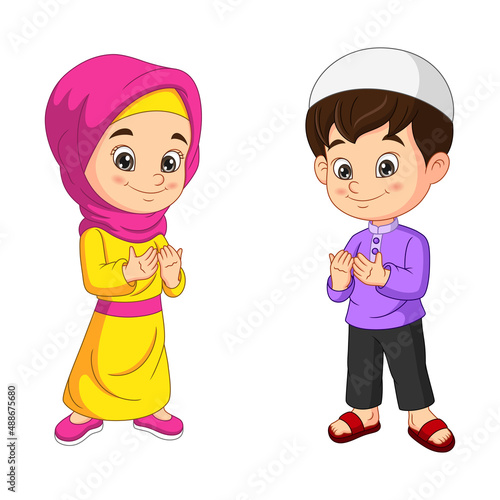 Happy muslim kids cartoon praying
